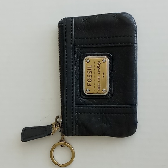 Fossil Handbags - Fossil "Long Live Vintage" Black Leather Coin Purse With ID Pocket And Key Chain